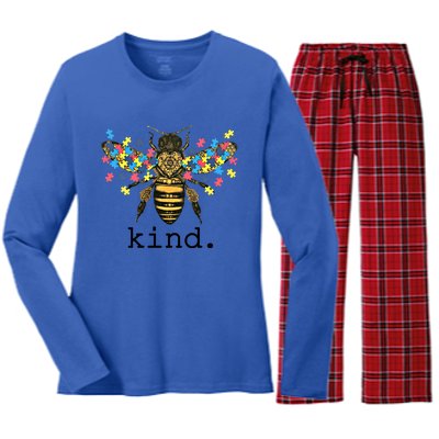 Autism Awareness Bee Kind Puzzle Pieces For Autistic Support Cool Gift Women's Long Sleeve Flannel Pajama Set 