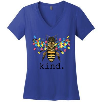 Autism Awareness Bee Kind Puzzle Pieces For Autistic Support Cool Gift Women's V-Neck T-Shirt