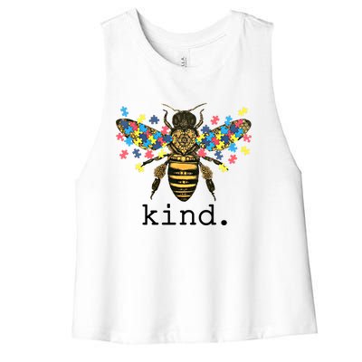 Autism Awareness Bee Kind Puzzle Pieces For Autistic Support Cool Gift Women's Racerback Cropped Tank