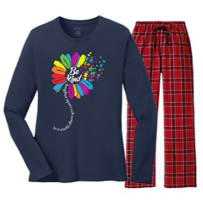 Autism Awareness Be Kind Cool Colorful Flower Women's Long Sleeve Flannel Pajama Set 