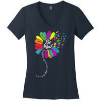 Autism Awareness Be Kind Cool Colorful Flower Women's V-Neck T-Shirt