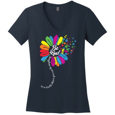 Autism Awareness Be Kind Cool Colorful Flower Women's V-Neck T-Shirt