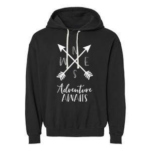 Adventure Awaits Boho Hiking Travel Arrows Compass Garment-Dyed Fleece Hoodie