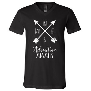 Adventure Awaits Boho Hiking Travel Arrows Compass V-Neck T-Shirt