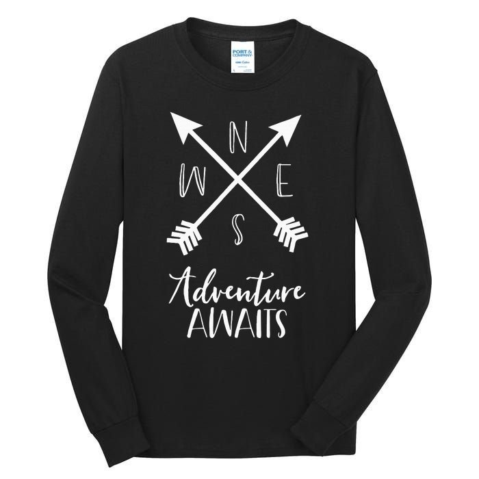 Adventure Awaits Boho Hiking Travel Arrows Compass Tall Long Sleeve T-Shirt