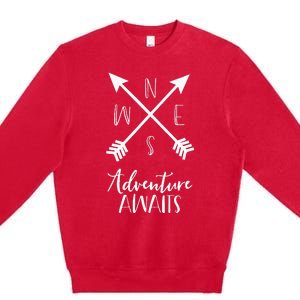 Adventure Awaits Boho Hiking Travel Arrows Compass Premium Crewneck Sweatshirt