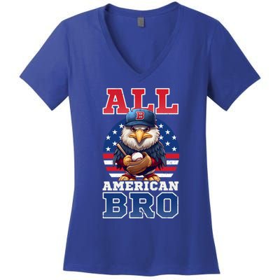 All American Bro Eagle Design 4th Of July Baseball Funny Gift Women's V-Neck T-Shirt