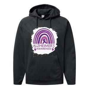 Alzheimers Awareness Bleached Rainbow Purple Ribbon Performance Fleece Hoodie