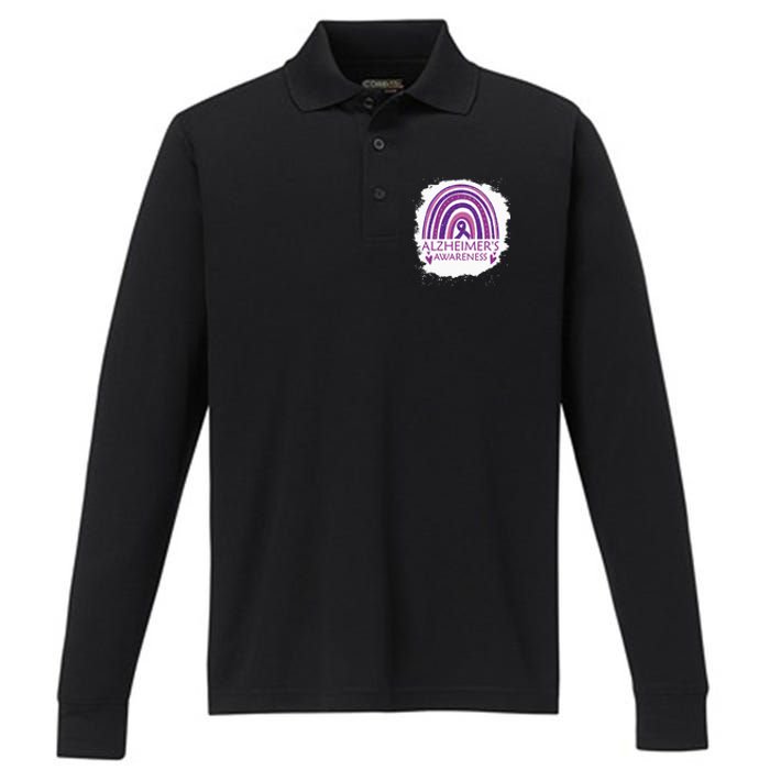 Alzheimers Awareness Bleached Rainbow Purple Ribbon Performance Long Sleeve Polo