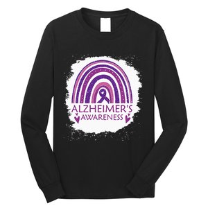 Alzheimers Awareness Bleached Rainbow Purple Ribbon Long Sleeve Shirt