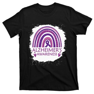 Alzheimers Awareness Bleached Rainbow Purple Ribbon T-Shirt