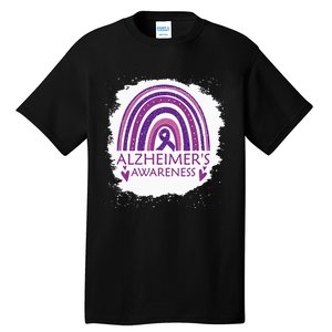 Alzheimers Awareness Bleached Rainbow Purple Ribbon Tall T-Shirt