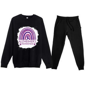 Alzheimers Awareness Bleached Rainbow Purple Ribbon Premium Crewneck Sweatsuit Set