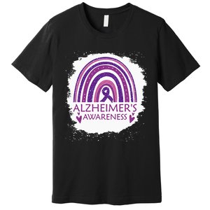 Alzheimers Awareness Bleached Rainbow Purple Ribbon Premium T-Shirt