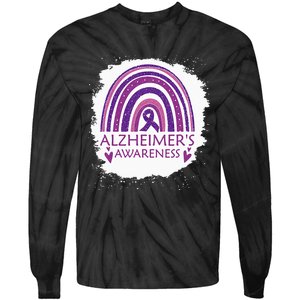 Alzheimers Awareness Bleached Rainbow Purple Ribbon Tie-Dye Long Sleeve Shirt