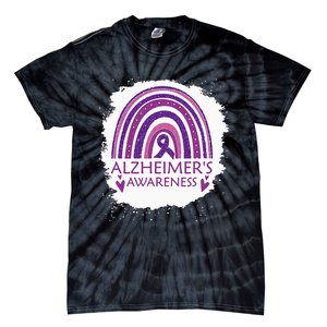 Alzheimers Awareness Bleached Rainbow Purple Ribbon Tie-Dye T-Shirt