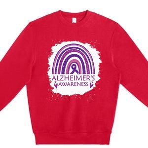 Alzheimers Awareness Bleached Rainbow Purple Ribbon Premium Crewneck Sweatshirt