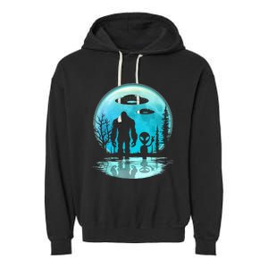 Alien And Bigfoot Moon  Garment-Dyed Fleece Hoodie