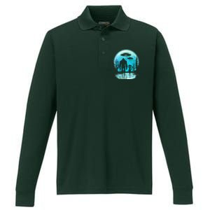 Alien And Bigfoot Moon  Performance Long Sleeve Polo