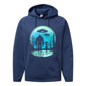 Alien And Bigfoot Moon  Performance Fleece Hoodie