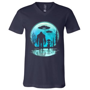 Alien And Bigfoot Moon  V-Neck T-Shirt