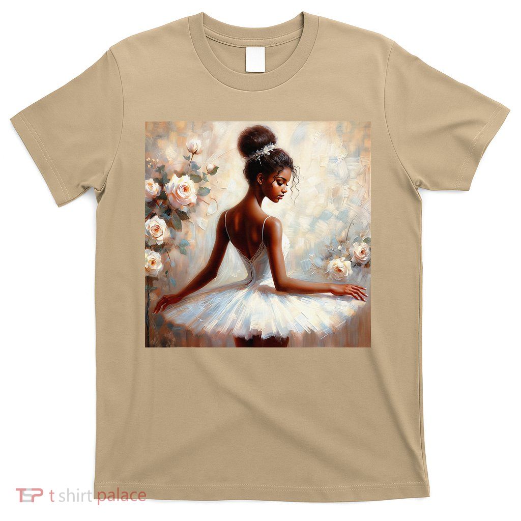 African American Ballerina In White Tutu Floral Art T-Shirt