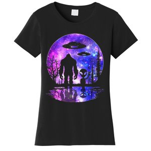 Alien And Bigfoot Full Moon Sasquatch UFO Women's T-Shirt