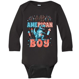 All American Boy Dinosaur Funny 4th Of July Baby Long Sleeve Bodysuit