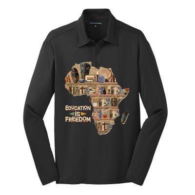 African American Black History Education Is Freedom Silk Touch Performance Long Sleeve Polo