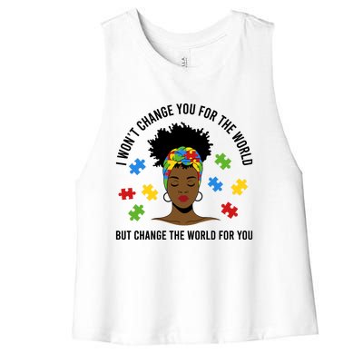 Autism Awareness Black Afro Mom Life Autistic Mother Gift Women's Racerback Cropped Tank