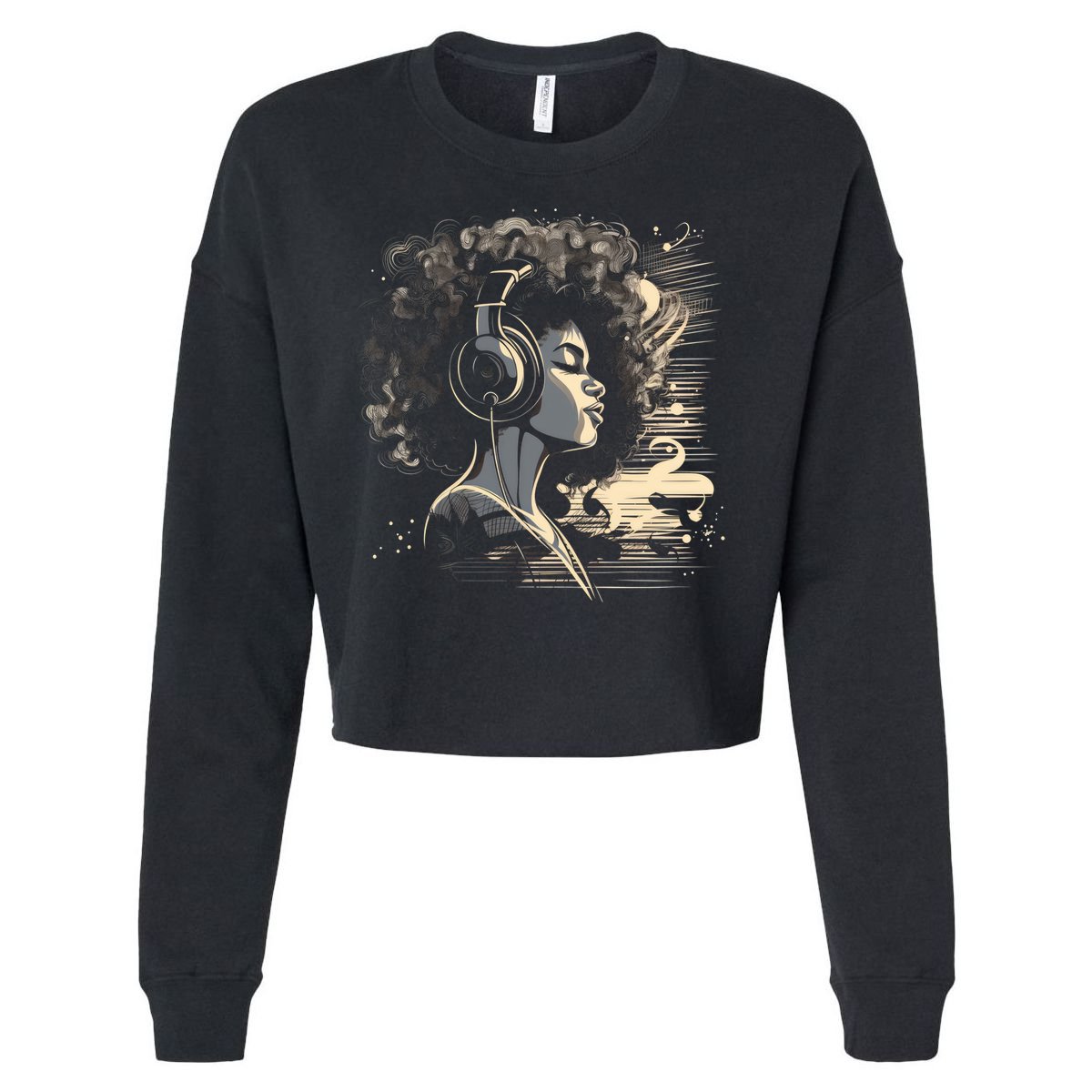 African American Black Headphones Music Graphic Cute Gift Cropped Pullover Crew