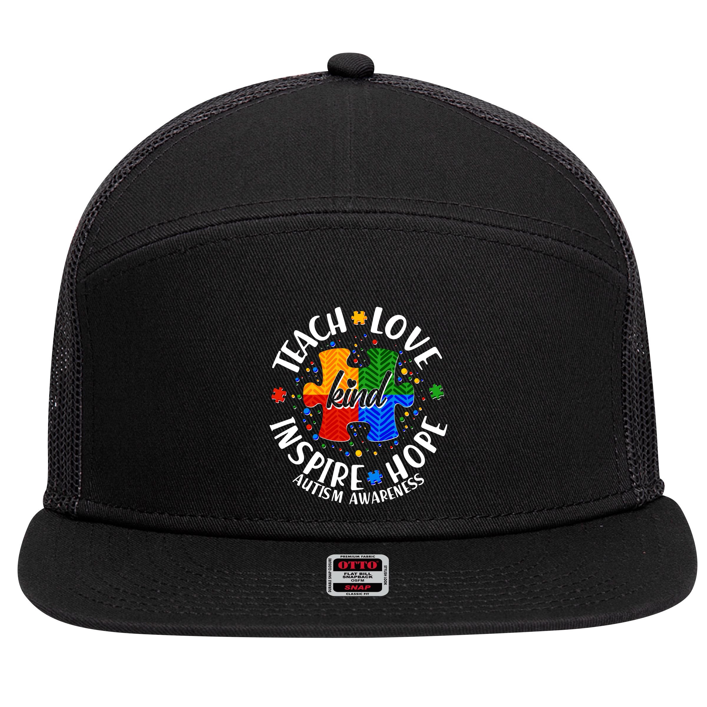 Autism Awareness Be Kind Teach Love Inspire Hope 7 Panel Mesh Trucker Snapback Hat