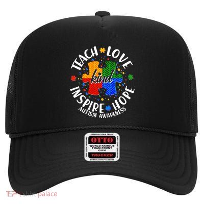 Autism Awareness Be Kind Teach Love Inspire Hope High Crown Mesh Back Trucker Hat