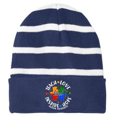 Autism Awareness Be Kind Teach Love Inspire Hope Striped Beanie with Solid Band