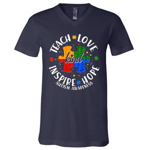 Autism Awareness Be Kind Teach Love Inspire Hope V-Neck T-Shirt