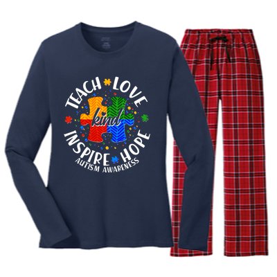 Autism Awareness Be Kind Teach Love Inspire Hope Women's Long Sleeve Flannel Pajama Set 