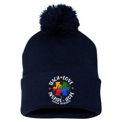 Autism Awareness Be Kind Teach Love Inspire Hope Pom Pom 12in Knit Beanie