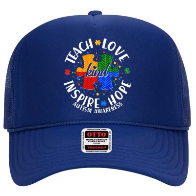 Autism Awareness Be Kind Teach Love Inspire Hope High Crown Mesh Back Trucker Hat