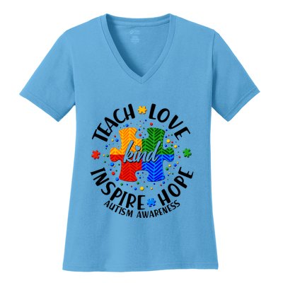 Autism Awareness Be Kind Teach Love Inspire Hope Women's V-Neck T-Shirt