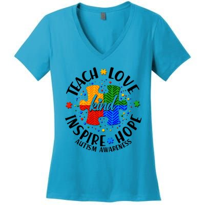 Autism Awareness Be Kind Teach Love Inspire Hope Women's V-Neck T-Shirt