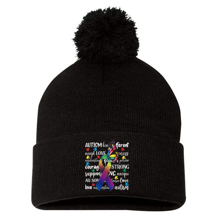 Autism Acceptance Butterfly Different Is Beautiful Pom Pom 12in Knit Beanie