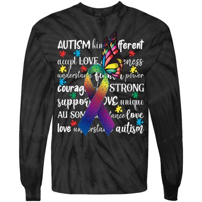 Autism Acceptance Butterfly Different Is Beautiful Tie-Dye Long Sleeve Shirt
