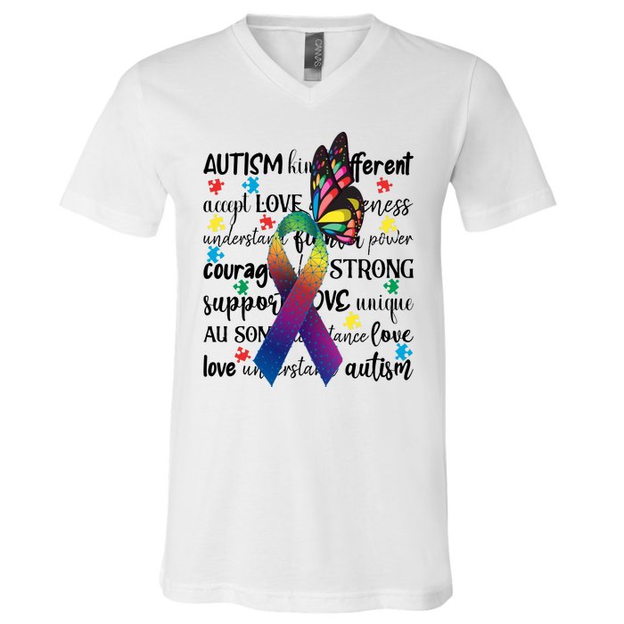 Autism Acceptance Butterfly Different Is Beautiful V-Neck T-Shirt