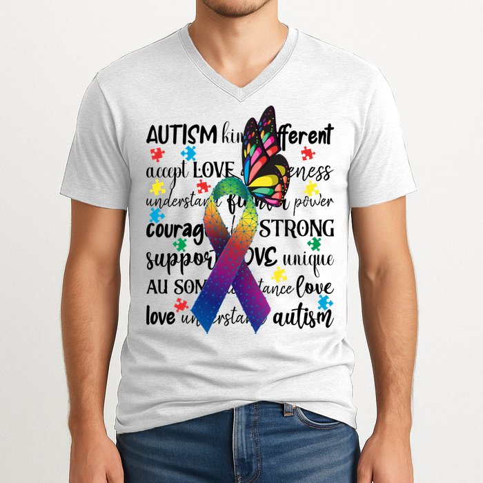 Autism Acceptance Butterfly Different Is Beautiful V-Neck T-Shirt