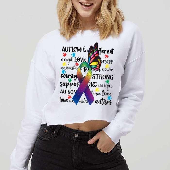Autism Acceptance Butterfly Different Is Beautiful Cropped Pullover Crew