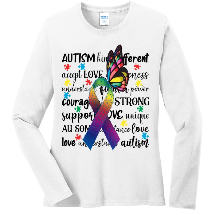 Autism Acceptance Butterfly Different Is Beautiful Ladies Long Sleeve Shirt