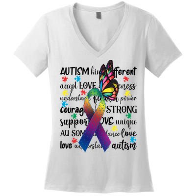 Autism Acceptance Butterfly Different Is Beautiful Women's V-Neck T-Shirt