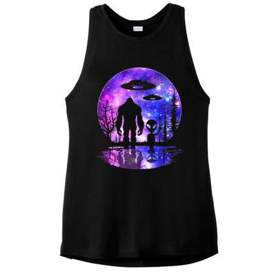 Alien And Bigfoot Full Moon Sasquatch Ufo Ladies PosiCharge Tri-Blend Wicking Tank