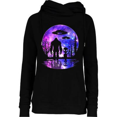 Alien And Bigfoot Full Moon Sasquatch Ufo Womens Funnel Neck Pullover Hood