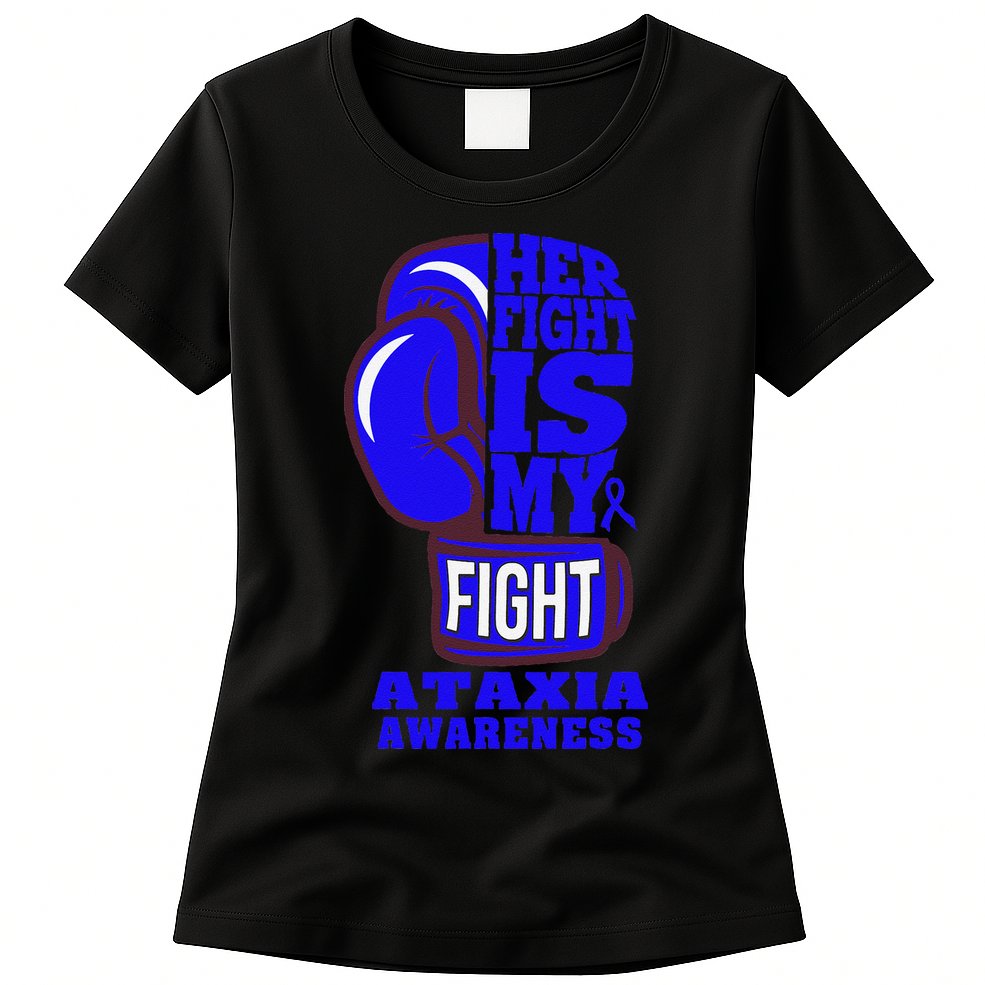 Ataxia Awareness Boxing Her Fight Is My Fight Blue Ribbon Womens T-Shirt